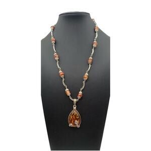 Honey Amber Pendant & Beaded Silver Tone Faux Marcasite Necklace Glows Under UV
